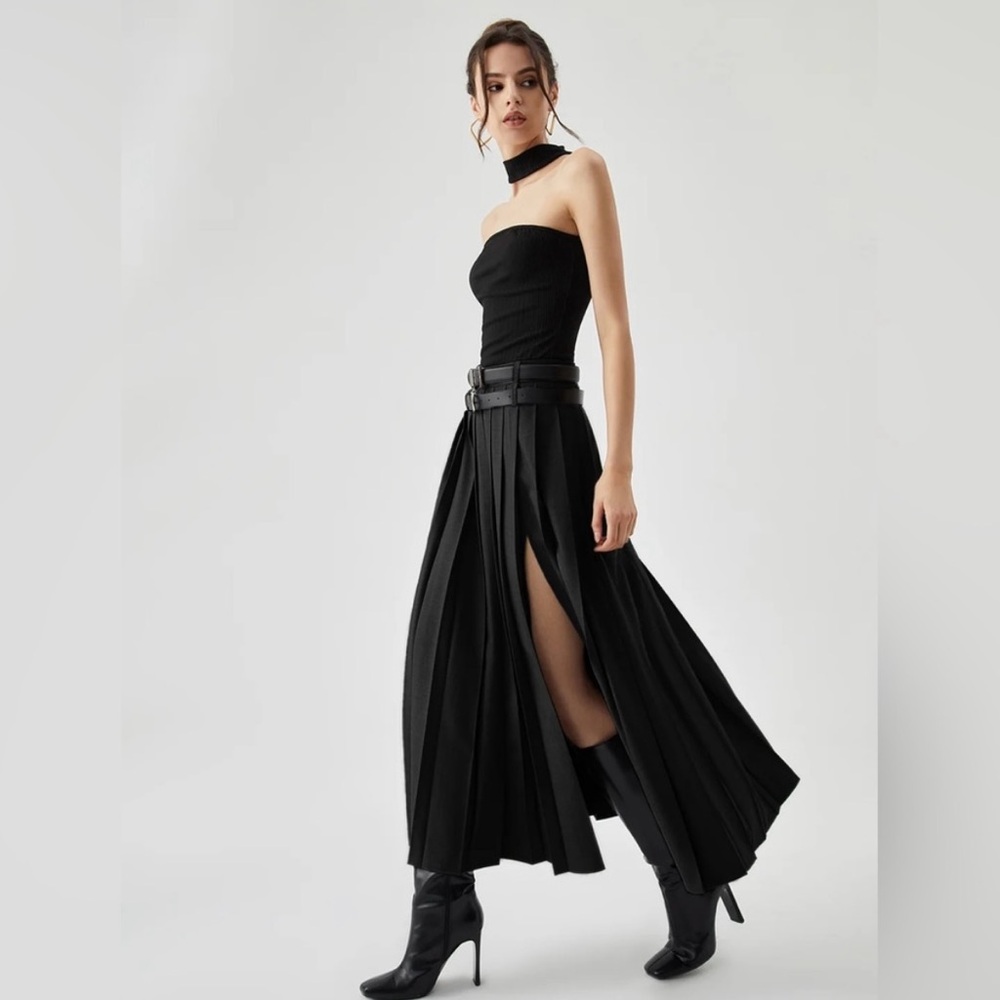 COMMENSE Pleated Split Maxi Skirt Without Belt